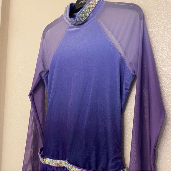 WEISSMAN Dance Costume purple fringe velvet mesh sleeve All The Ways 13290 MA - Picture 3 of 13
